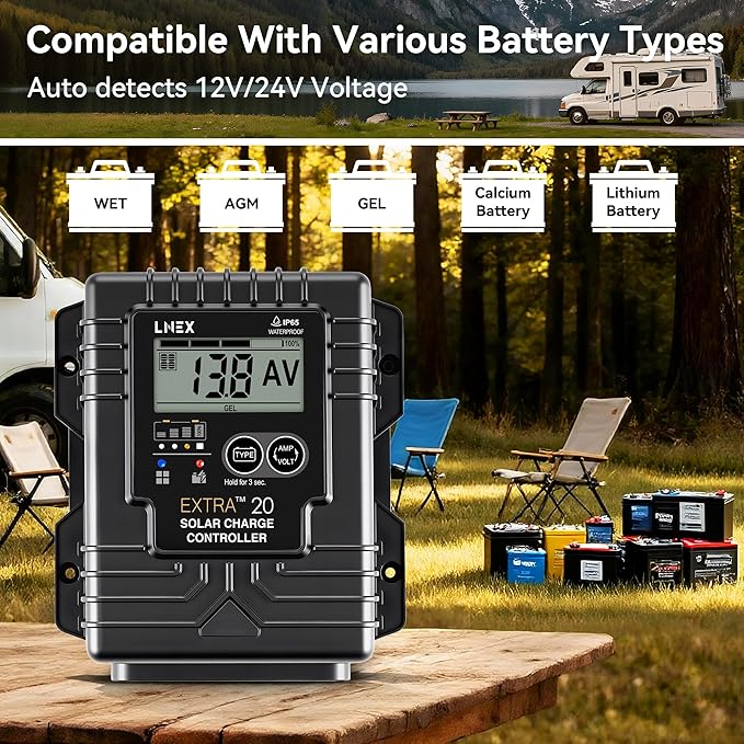 LNEX Solar Charge Controller Waterproof, 20A Solar Panel Regulator with Temp Sensor,Backlit LCD, 12V/24V PWM Solar Controller for LiFePO4,AGM, Gel, Flooded and Lithium Battery