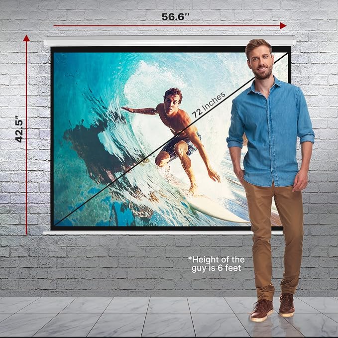 Pyle 72-Inch Manual Pull Down Projector Screen, Matte White Projection Surface, Ceiling or Wall Mount Screen Projector with Auto-Lock & Black Border for Home Theater or Office (42.5" x 56.6")