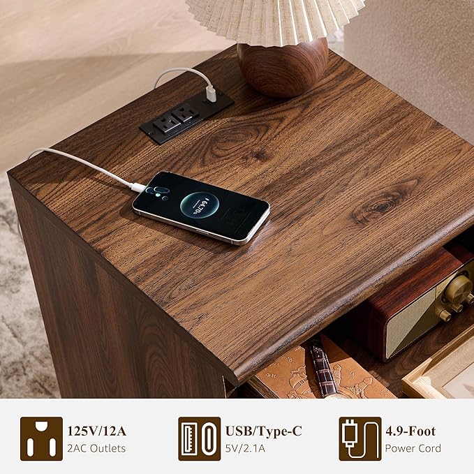 ACCOHOHO Modern Night Stand Set 2 with Arched Panel,18" Wooden nightstand with Charging Station,Bedside Table with Drawer Storage,Side End Table with Open Shelf for Bedroom、Living Room,Brown