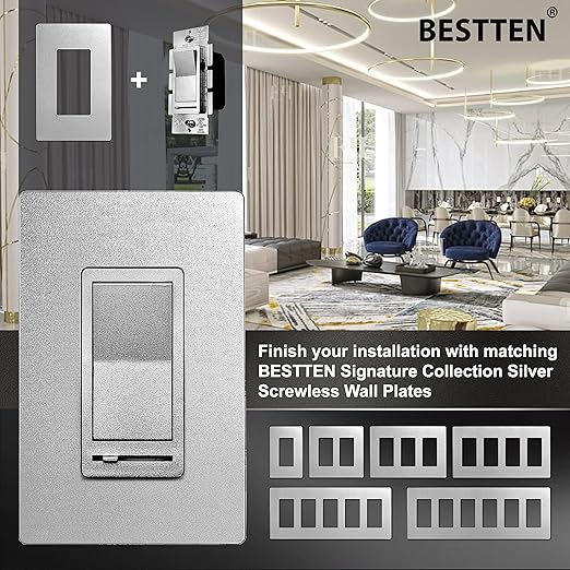 BESTTEN 5 Pack Matte Silver Dimmer Light Switch, Single Pole or 3-Way, Compatible with Dimmable LED, CFL, Incandescent and Halogen Bulb, LED Slide Dimmer Wall Switch, 120VAC, UL/cUL Listed