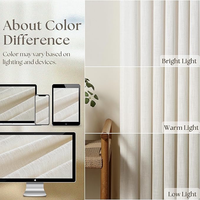 Extra Wide Pinch Pleat Linen Curtains 120 Inches Long for Living Room Sliding Glass Door 70 Inch Wide Sheer Curtain Cream Ivory Boho Pleated Drape with Hooks Rings 70x120 Large Window Curtain 1 Panel