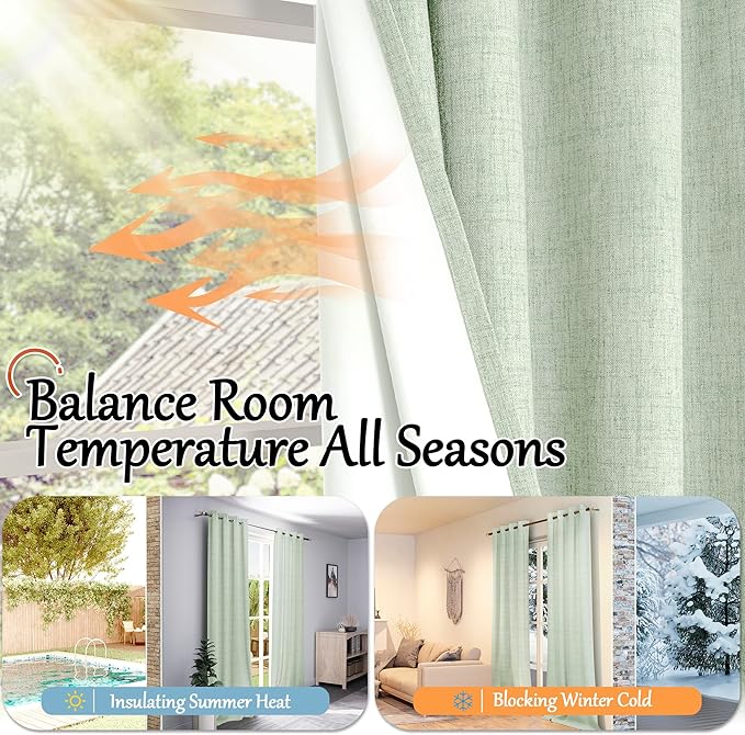 Sage Green Blackout Curtains for Bedroom - Linen Curtains 63 Inch Length Thermal Insulated Privacy Burlap Boho Window Drapes for Living Room Scandi Farmhouse Dining, 2 Panels, Each 52" Wide