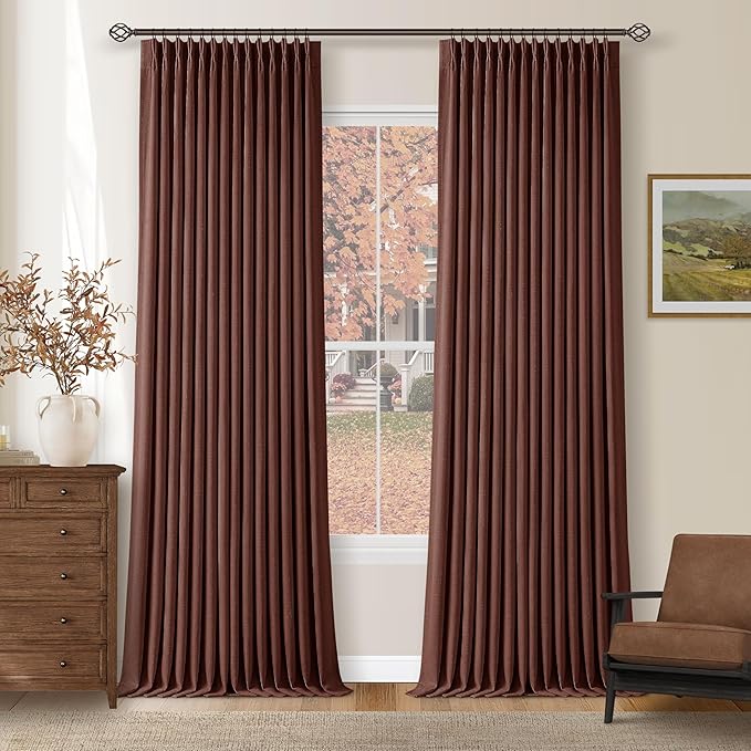 Maroon Blackout Pinch Pleated Linen Curtains 105 Inches Long for Living Room 2 Panels Thermal Insulted Dual Layer Drapes Ceiling Floor 105 Inch Window Curtains Bedroom Chestnut Reddish Brown