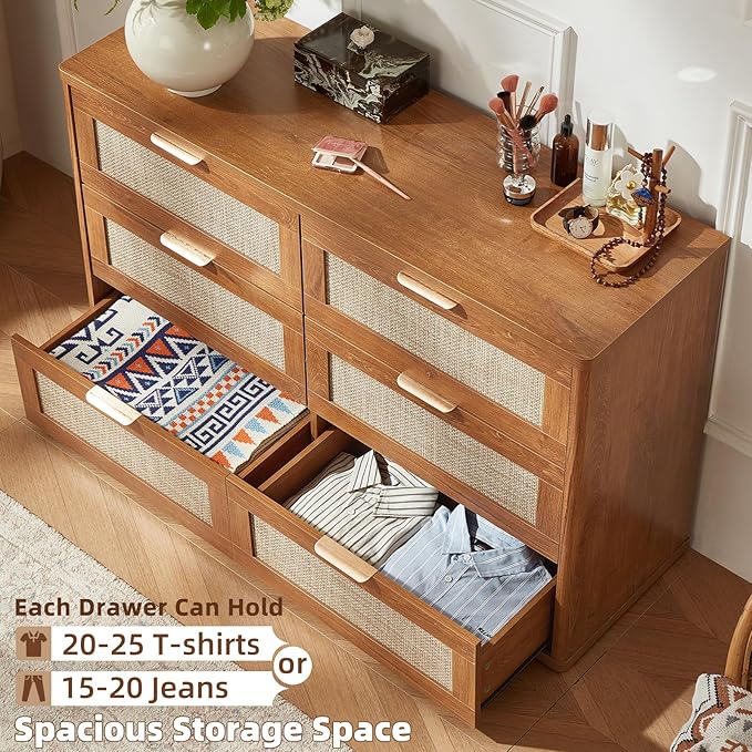 LEYAOYAO Rattan Dresser and Nightstand Set of 3, Boho Wood Dresser for Bedroom with 6 Drawers and Night Stand with Charging Station, Bedroom Furniture, Dressers & Chests of Drawers,Hallway,Living Room