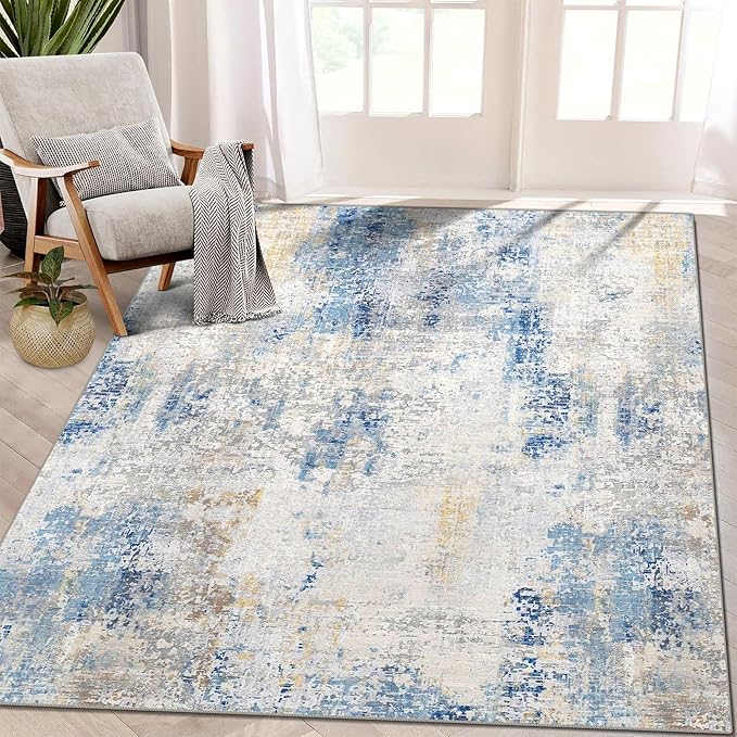 6x9 Area Rug, Ultra-Soft Washable Rug for Living Room, Dinner Room, Bedroom, Non-Slip Modern Abstract Rug, Indoor Carpet Large Area Rug, Blue Ivory Yellow