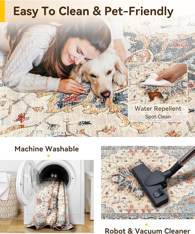 Area Rugs 3'x9' Washable Non-Slip, Floral Vintage Distress Print Pattern Medallion Carpet for Living Room Bedroom Dining Room, Beige Navy Blue Orange Colorful