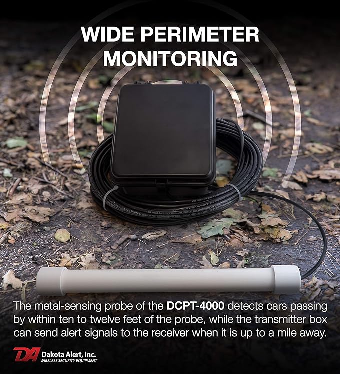 Dakota Alert Driveway Alarm Sensor - DCPT-4000 Driveway Alarms Wireless Outside Weatherproof Vehicle Sensor, 1 Mile Long Range Sensors , Vehicle Detecting Probe Transmitter & 50' Direct Burial Cable