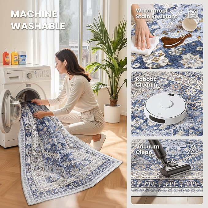 zesthome 8ft Round Rugs for Living Room, Non-Slip Washable Round Area Rugs, Ultra-Thin Large Circle Rugs, Soft Low Pile Rug for Bedroom, Kitchen - Vintage Stain Resistant Round Rug (Blue/Beige,8'x8')