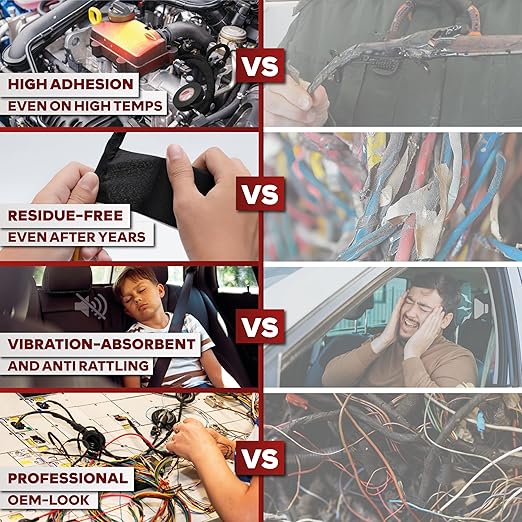 XFasten Wire Harness Tape, 1.3-Inch x 50-Foot, High Temp Wiring Loom Harness, Self-Adhesive Felt Cloth Electrical Tape for Automotive Engines, Noise Dampening, and Cable Protection