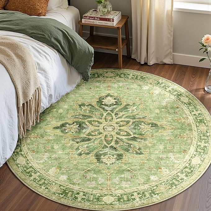 Area Rugs 6ft Washable Non-Slip, Floral Vintage Distress Print Pattern Medallion Carpet for Living Room Bedroom Dining Room, Sage Green Yellow