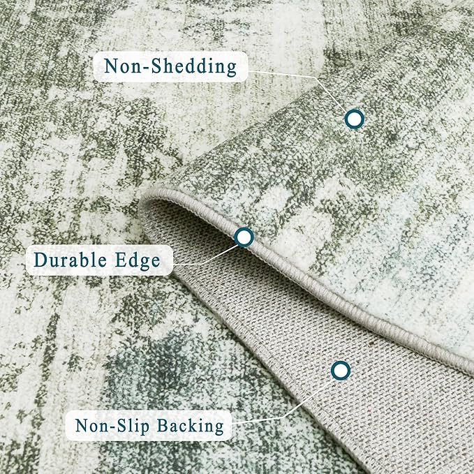 vivorug 9x12 Area Rugs for Living Room, Non Slip Machine Washable Modern Abstract Rug, Ultra-Thin Lightweight Large Area Rug for Bedroom, Dining Room, Low Pile Green