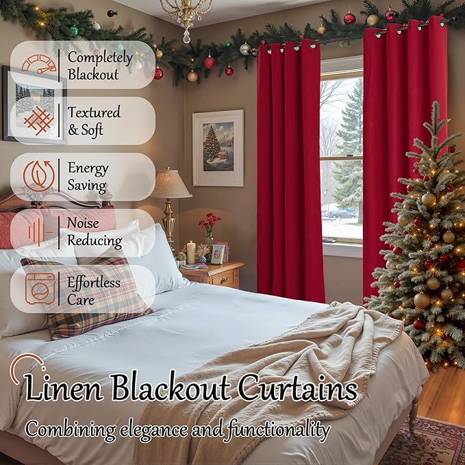 Linen Blackout Christmas Curtains - Red Thermal Insulated Curtains 90 Inch Long for Bedroom Living Room, Thick Heavy Light Blocking Energy Saving Soundproof Drapes Each 52x90 Inch 2 Panels