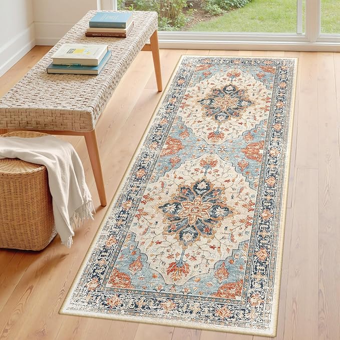 Area Rugs 3'x8' Washable Non-Slip, Floral Vintage Distress Print Pattern Medallion Carpet for Living Room Bedroom Dining Room, Beige Navy Blue Orange Colorful
