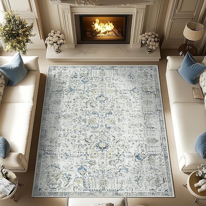 jinchan Kalen Area Rug 8x10 Washable Living Room Rug Vintage Indoor Large Floor Cover Retro Accent Mat Distressed Floral Country Boho Non Slip Thin Carpet for Bedroom Dining Room Office Blue Multi