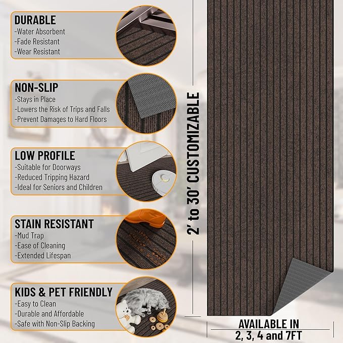 Ottomanson 2'7" x 40' Hallway Runner with Scraper Pile - Extra Durable Non-Slip Rug Mat for Indoor & Outdoor Use - Ideal for Kitchen, Entryway & Garage - High-Traffic Carpet, Brown