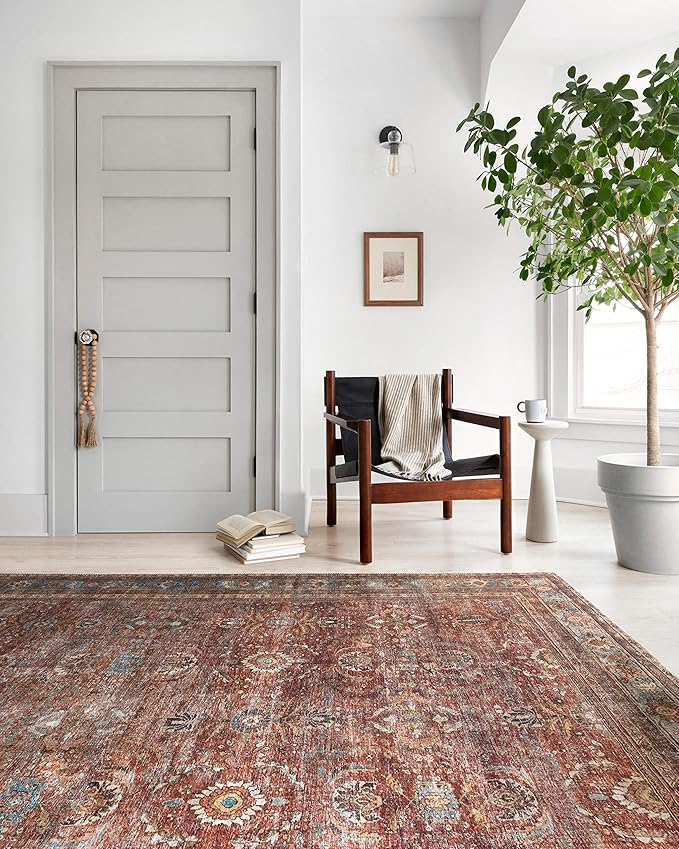 Loloi Layla Collection LAY-01 Brick/Blue 9'-0" x 12'-0" .13" Thick Area Rug, Soft, Durable, Vintage Inspired, Distressed, Low Pile, Non-Shedding, Easy Clean, Printed, Living Room Rug
