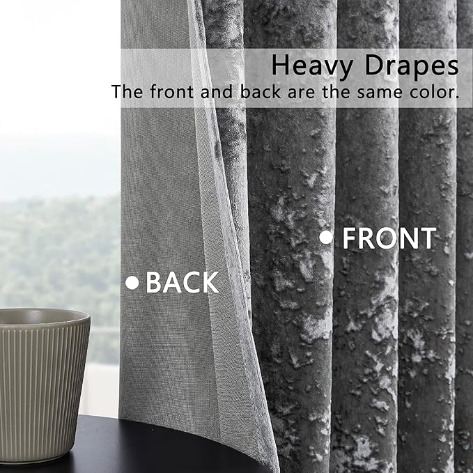 SMILETIME Grey Crushed Velvet Curtains 52x96inch Rod Pocket Luxurious Thermal Insulated Soundproof Drapes Soft and Durable Light-Filtering Window Treatments for Living Room Bedroom, 2 Panels