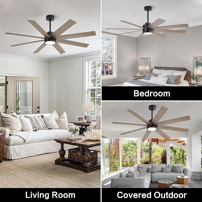 WINGBO 60" Large DC Ceiling Fans with Lights and Remote, 3 Downrods, 8 Plywood Blades, 6-Speeds Reversible DC Motor, 3CCT, Indoor Ceiling Fan for Bedroom Living Room Patio, Black and Gray