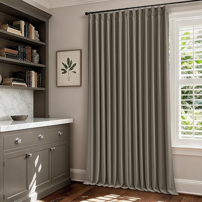 Taupe Gray Linen Blackout Pleated Curtains 90 Inches Long for Living Room Darkening Pinch Pleat 100% Black Out Drapes Thermal Insulated Soundproof Greyish Brown 90 Inch Curtain for Dining Bedroom