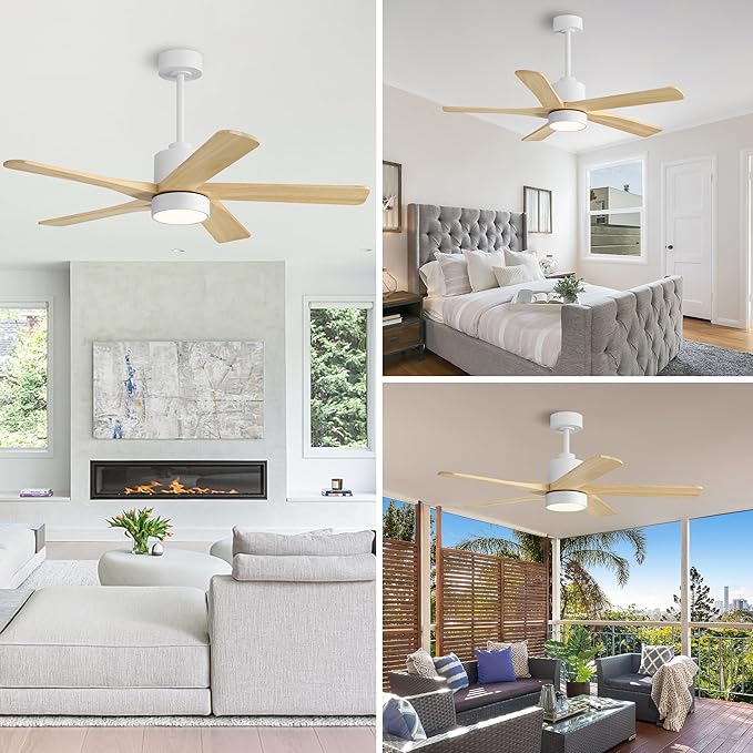 WINGBO 48 Inch DC Ceiling Fan with Lights and Remote Control, 5 Carved Solid Wood Blades, 6-Speed Noiseless Reversible DC Motor, Indoor Ceiling Fan in Gloss White Finish with Oak Blades