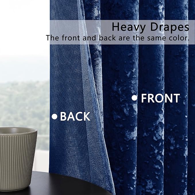 SMILETIME Navy Blue Crushed Velvet Curtains 52x108inch Rod Pocket Luxurious Thermal Insulated Soundproof Drapes Soft and Durable Light-Filtering Window Treatments for Living Room Bedroom, 2 Panels