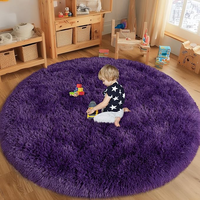 Round Purple Rug for Bedroom, 8 ft Circle Area Rugs for Living Room, Soft Large Fluffy Shag Carpet for Teen Girls Boys Nursery Room Dorm Home Decor Aesthetic