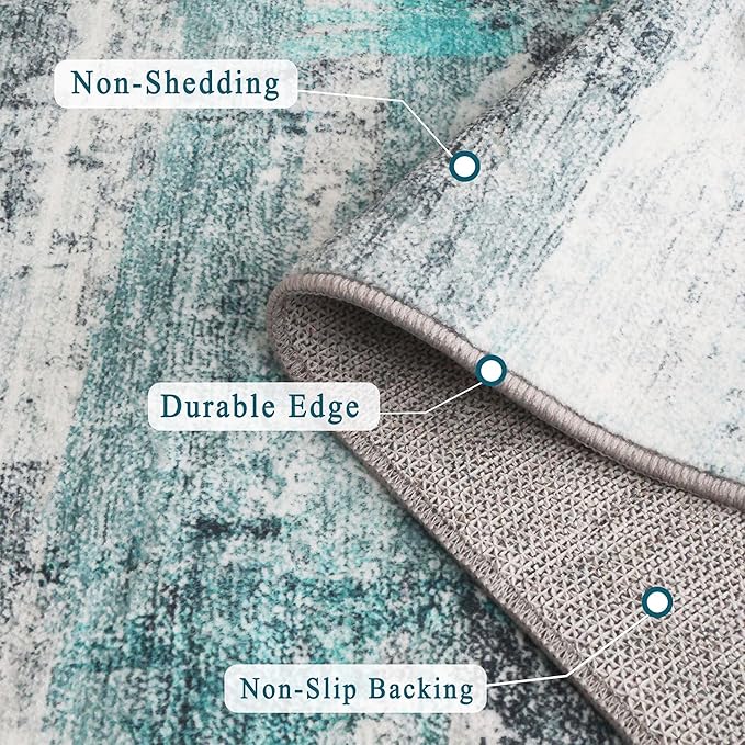 5x7 Area Rugs - Ultra-Thin Washable Rug with Non-Slip Backing, Ideal for Living Room, Bedroom, Kitchen Floor Carpet - Modern Abstract Style, Easy Clean, Durable, Low Pile Teal