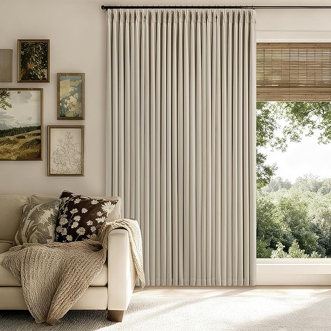 Pinch Pleated Blackout 96 Inch Bedroom Curtains 70 Inch Wide Linen Dual Layer Soundproof Farmhouse Window Curtains for Living Room Hooks Rings Back Tab 100% Black Out Drapes Beige Oatmeal 1 Panel