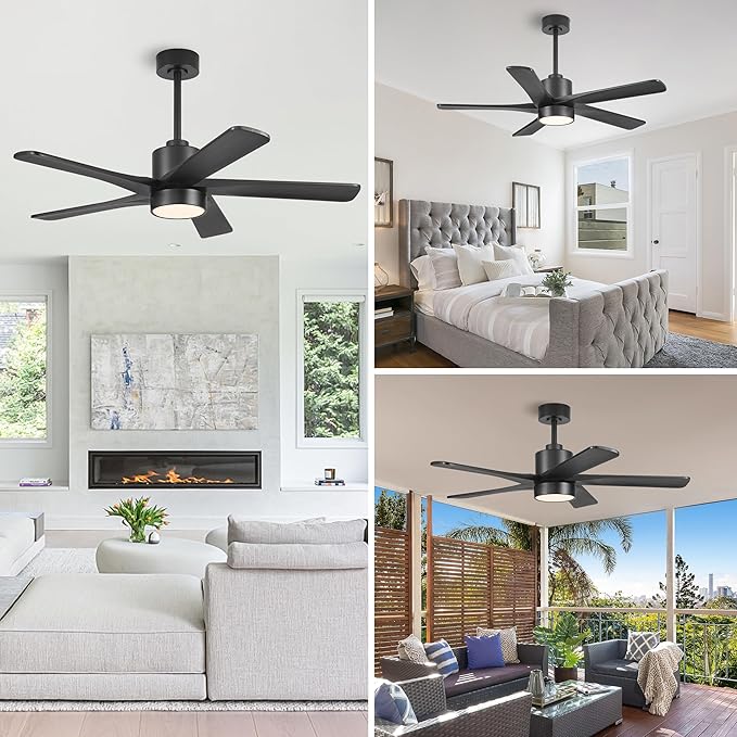 WINGBO 48 Inch DC Ceiling Fan with Lights and Remote Control, 5 Carved Solid Wood Blades, 6-Speed Noiseless Reversible DC Motor, Indoor Ceiling Fan in Matte Black Finish with Black Blades