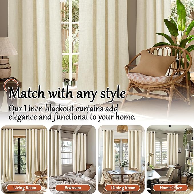 40 Inch Length Linen Blackout Curtains for Short Cafe Window, Thermal Insulated Light Blocking Soundproof Privacy Burlap Curtains 2 Panels, Each 38 Inch Wide Cream