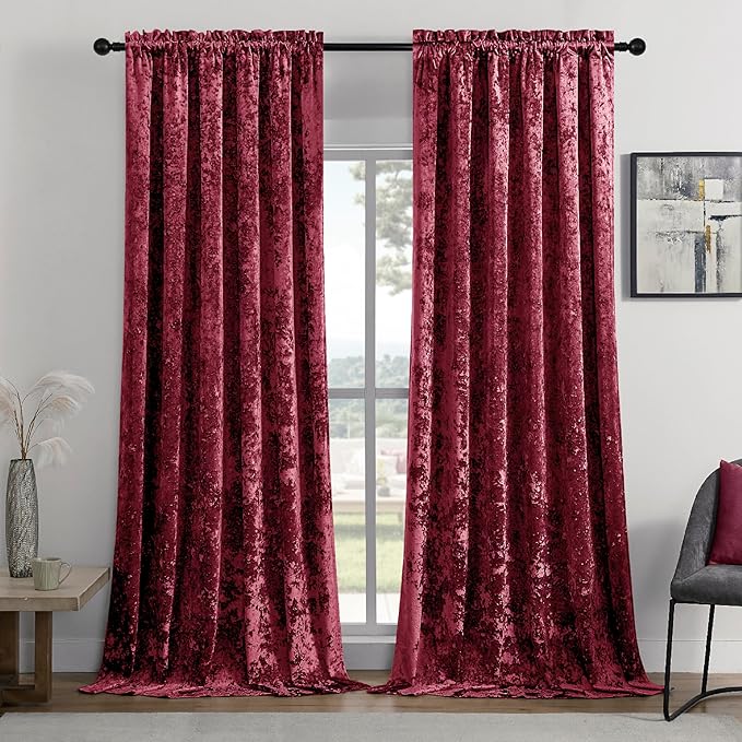 SMILETIME Burgundy Red Crushed Velvet Curtains 52x108inch Rod Pocket Luxurious Thermal Insulated Soundproof Drapes Soft and Durable Light-Filtering Window Treatments for Living Room Bedroom, 2 Panels