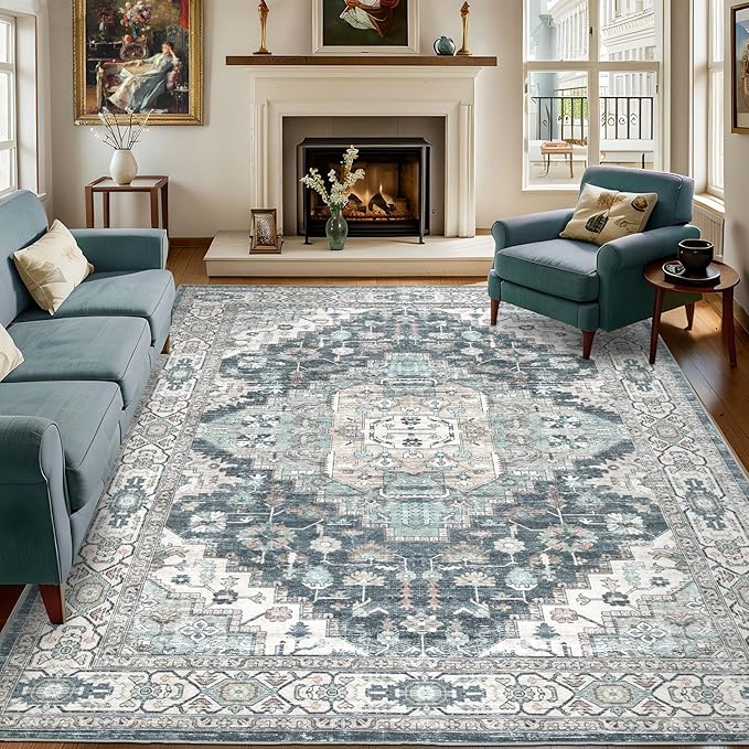 6x9 Vintage Washable Area Rug for Living Room,Low Pile Non Slip Carpet Non-Shedding Area Rug Soft Indoor Stain Resistant Rug Boho Print Mat for Bedroom Dining Room Blue Beige Multi