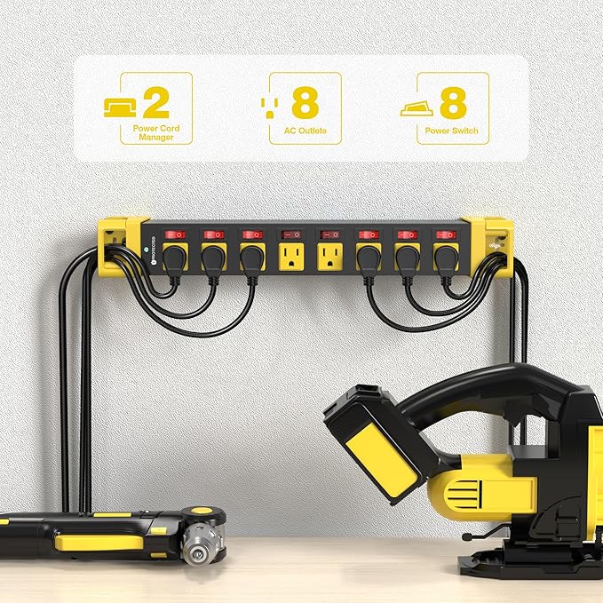 Power Strip with Individual Switches - 8 Outlet Heavy Duty Power Strip with Cord Manager,1200J Surge Protector Home Office Garage Industrial