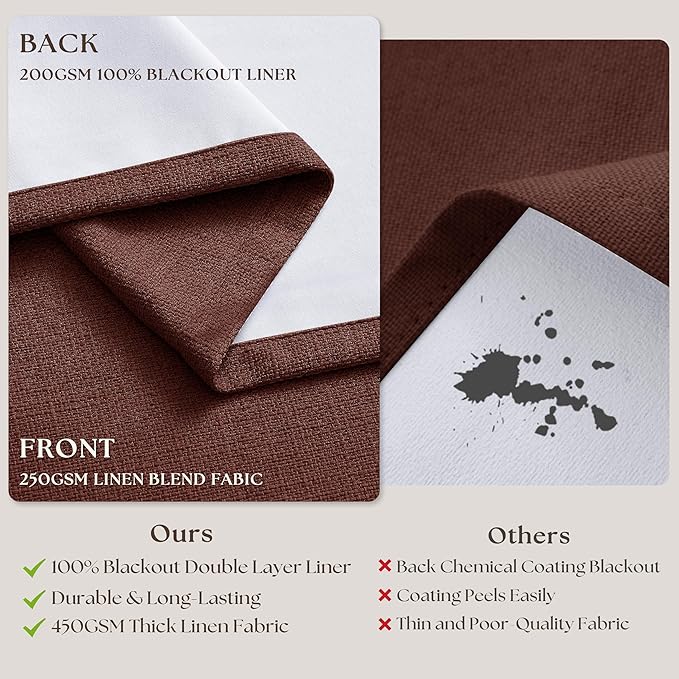Reddish Brown Linen Blackout Pleated Curtains 90 Inches Long for Living Room Darkening Pinch Pleat 100% Black Out Drapes Thermal Insulated Soundproof Rust Brown 90 Inch Curtain for Dining Bedroom