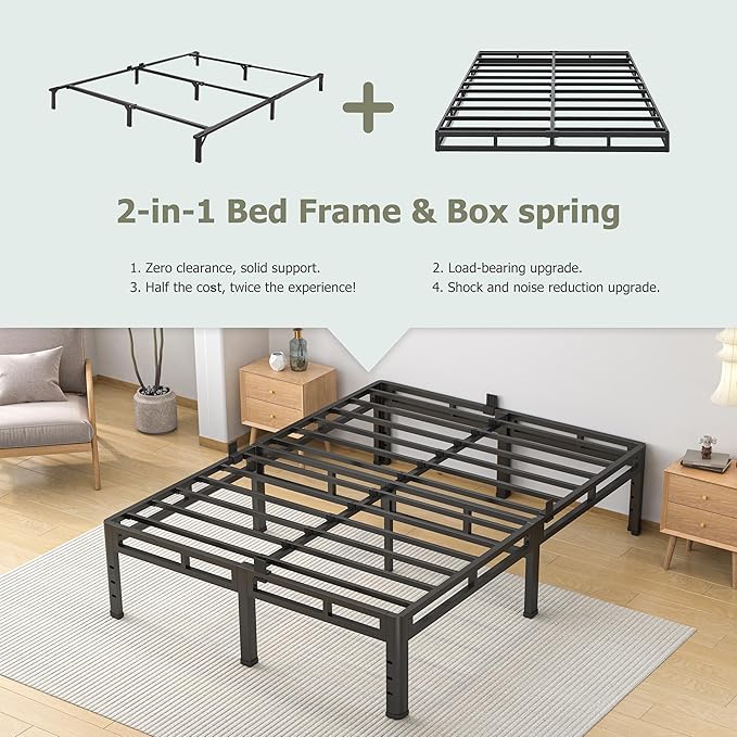 NKZ Full Size Bed Frame 16 Inch, Metal Bed Frame & Box Spring 2 in 1 Platform with Round Corner Legs, 4000lbs Weight Capacity Reinforced Metal Frame, Headboard Hole, Noise-Free, Easy Assembly
