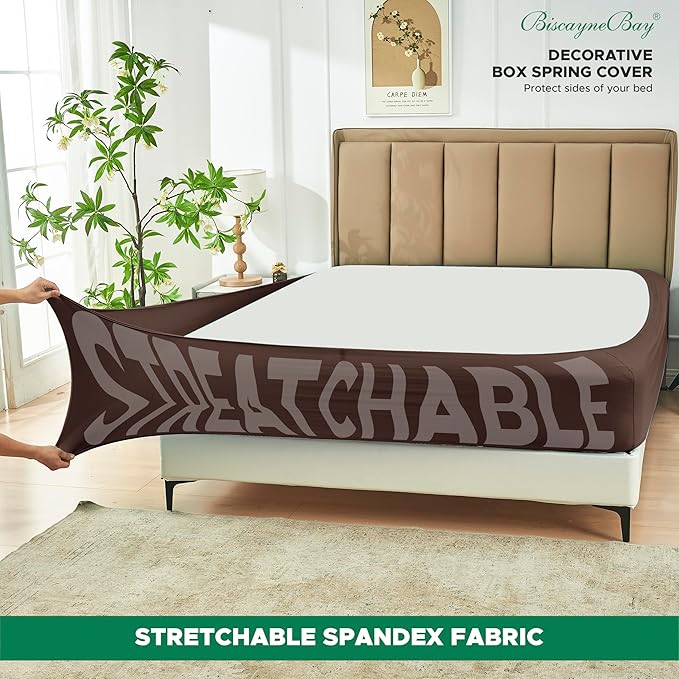 Biscaynebay Decorative Box Spring Cover Full & Full XL Size, Brown Jersey Luxurious Jersey Knitting Stretchy Wrap Around 4 Sides Bed Skirt for Home/Hotels, Easy Fit Wrinkle Free Machine Washable