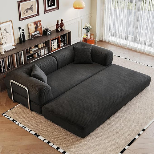 79" Convertible Sofa Bed, Corduroy Folding Pull Out Couch with Pillows, No Assembly Modern Boneless Couch Compression Sofa in Box, Floor Sofa with Support Rods for Living Room,Black