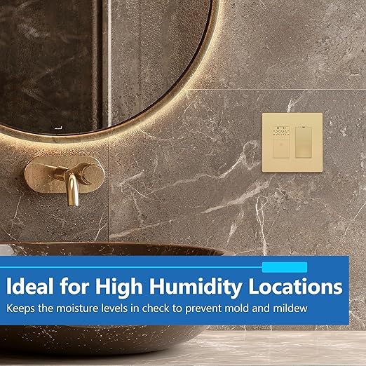 LIDER No Neutral Wire Required Humidity Sensor Switch, Automatic Humidity Detection, Air Circulator, Bathroom Fan Automated Control, Adjustable Timing, 1-Pole, Gold, Screwless Wall Plate Included