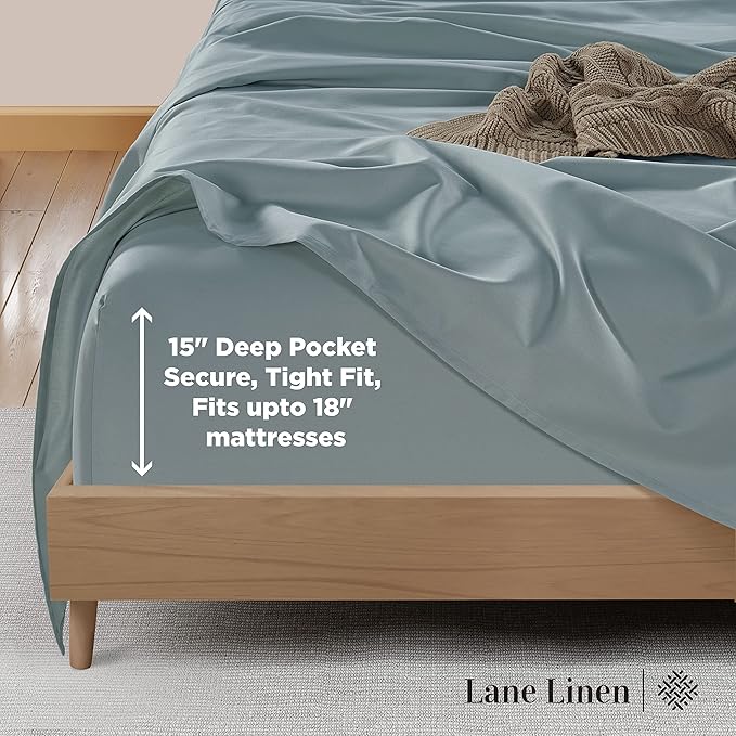 LANE LINEN 100% Cotton Bed Sheets – 600 Thread Count Cooling Sheets Queen, Durable Daily Use Bedding, Value Comfort for Night Rest, Hotel Sateen Finish, Snug Fit 15" Deep Pocket – Blue