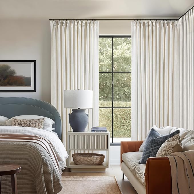 Extra Wide Pinch Pleat Linen Curtains 108 Inches Long for Living Room Sliding Glass Door 70 Inch Wide Semi Sheer Curtain Cream Ivory Boho Pleated Drape Hooks Rings 70x108 Large Window Curtain 1 Panel