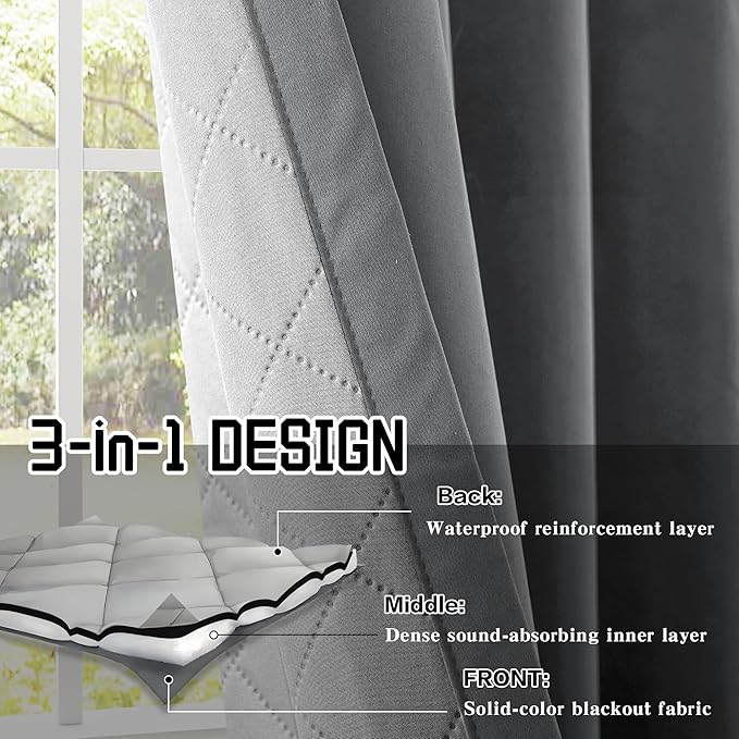 Extra Long Blackout Soundproof Curtains Thermal Insulation Drapes with 3-in-1 Layer Light Blocking Heat Insulating for Bedroom Living Room (1 Panel, Grey, 50" x 120")