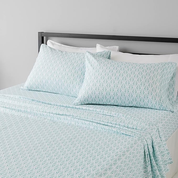 Amazon Basics Lightweight Super Soft Easy Care Comfortable Microfiber 4-Piece Bed Sheet Set with 14-Inch Deep Pockets, Queen, Aqua Fern, Printed