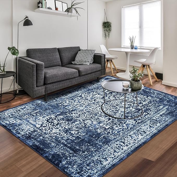 vivorug 8x10 Area Rugs, Stain Resistant Washable Rug for Living Room, Vintage-Inspired (Navy Blue, 8'x10')
