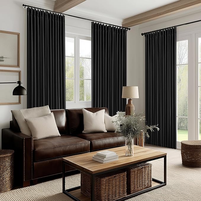 Black Pinch Pleated Blackout Linen Curtains 120 Inches Long for Living Room Bedroom 2 Panels Room Darkening Thermal Insulated Neutral Black Farmhouse 100% Blackout Window Curtain Drape 120 Inch