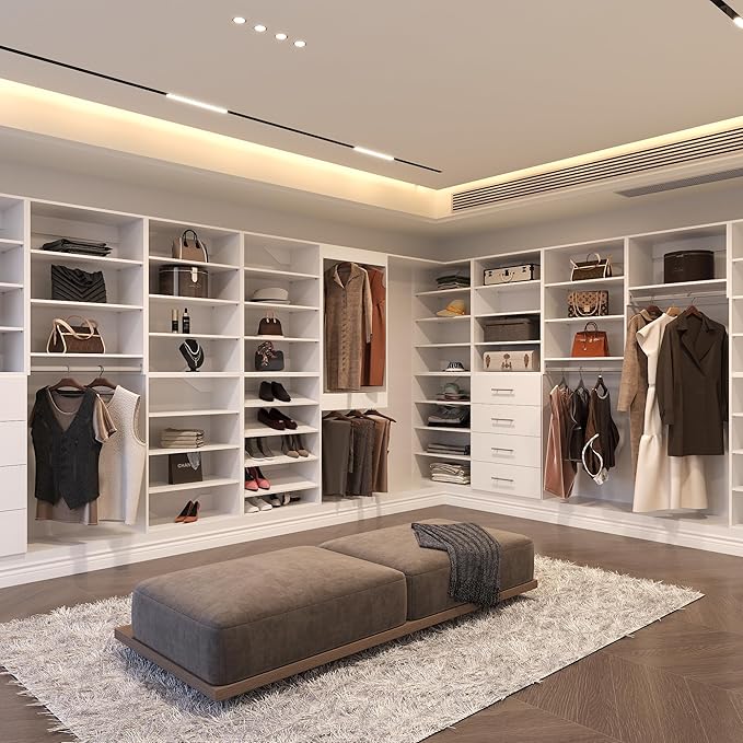 Double Hanging Closet Unit, Modular Closet System, Wood Closet System Organizer with Storage for Walk in Closets, Clothing Rack Wardrobe Closet for Hanging Clothes, Bedroom, White, 28.5" W