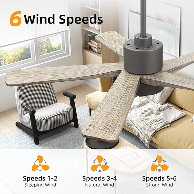 WINGBO 48 Inch DC Ceiling Fan with Lights and Remote Control, 5 Carved Solid Wood Blades, 6-Speed Noiseless Reversible DC Motor, Indoor Ceiling Fan in Graphite Finish with Gray Blades