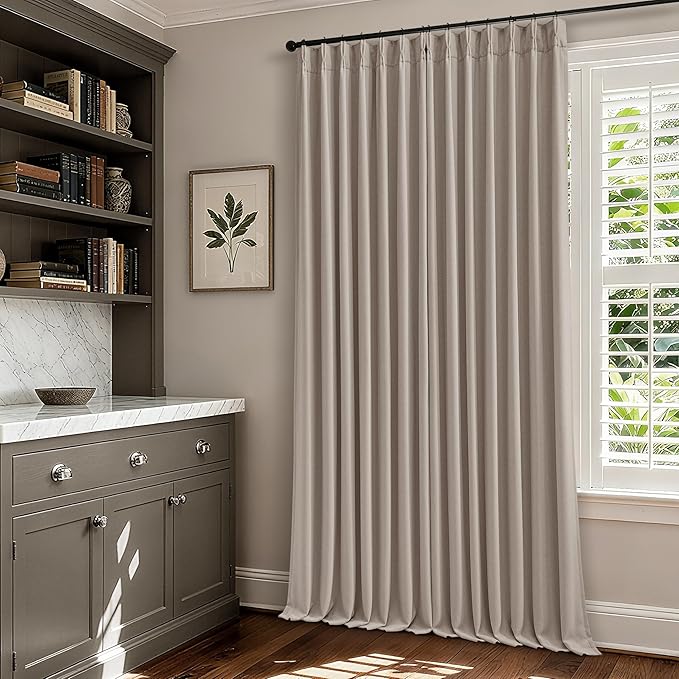 Dark Flax Linen Pinch Pleated Curtains 105 Inches Long for Bedroom Taupe Beige 100% Black Out Floor to Ceiling Sound Dampening Double Layer Living Room Darkeing 2 Panels Burlywood Birch Windows Drape