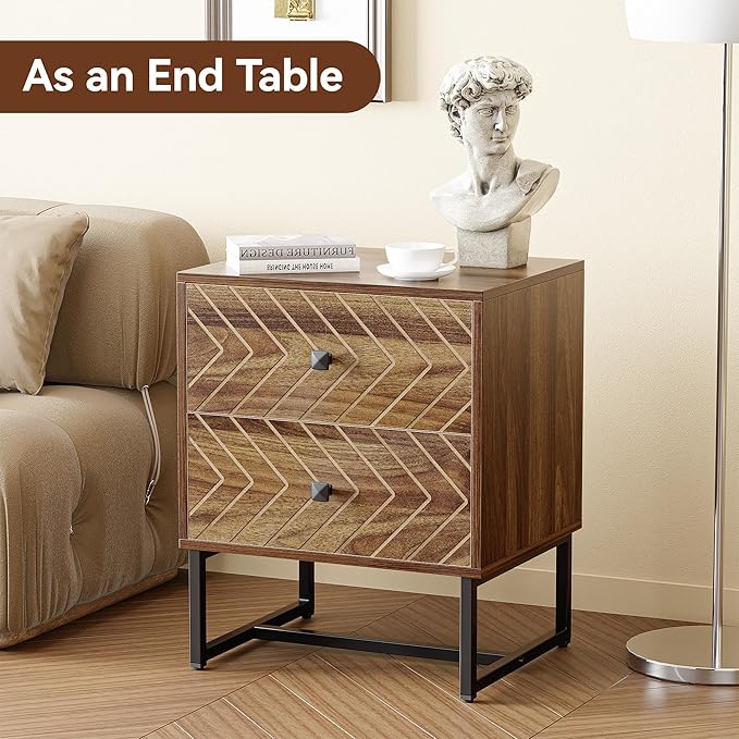 Modern Nightstand with Two Storable Drawers,Sturdy Bedside Table Space-Saving Night Stand with Black Metal Legs for Bedroom,Walnut