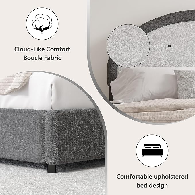 Full Size Bed Frame, Boucle Upholstered Platform Bed Frame with Headboard, Grey Bed Frame, Soft Rounded Corners, No Box Spring Required, Easy Assembly