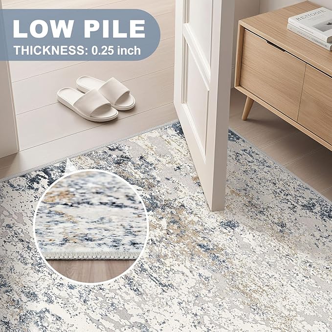 Square Area Rug Living Room Rugs - 5x5 Washable Large Soft Indoor Neutral Modern Abstract Low Pile Rug Carpet for Bedroom Dining Room Farmhouse Home Office - Beige Blue